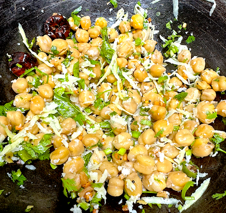 White Channa Sundal (Vellai Kondakadalai Sundal) with fresh coconut, raw mango & coriander - Girija Paati style - full detailed recipe for navarathri