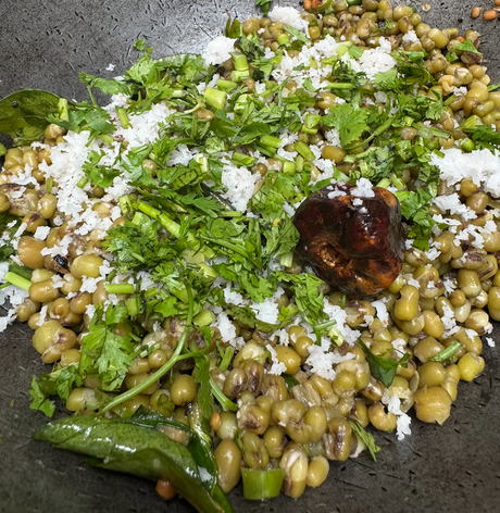 Pachai Payaru Sundal (Green Moong Dhal) with fresh coconut & coriander by Girija Paati - full detailed recipe for navarathri – www.girijapaati.com